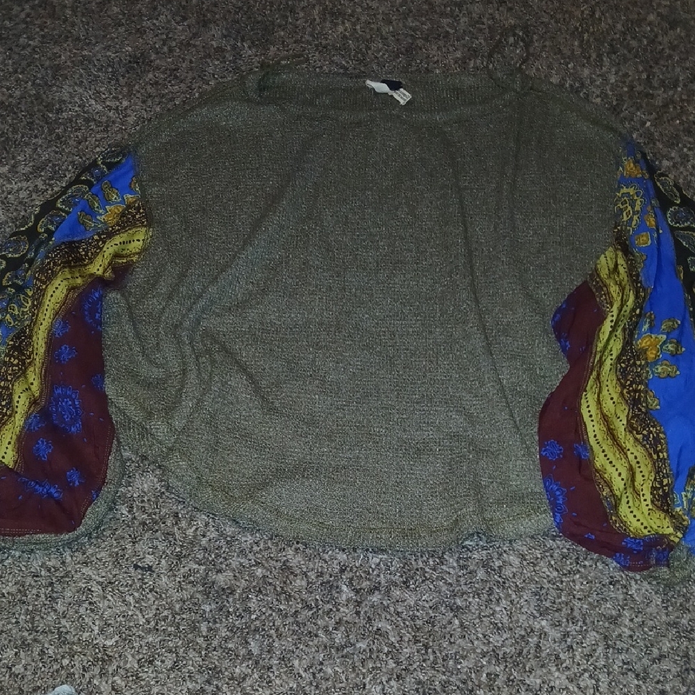 Womens Free People Olive Knit Top with Colorblock Patterned Balloon Sleeves XS